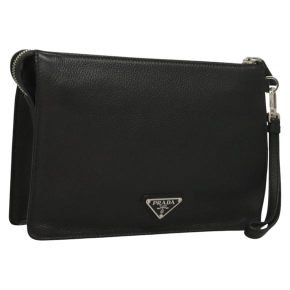 PRADA Clutch Bag Leather Black Silver 2VF006 Auth mr1405 - Picture 1 of 16